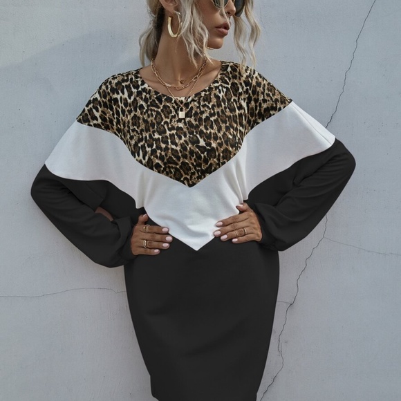 Chevron leopard print black tan sweater dress fall - Picture 4 of 7